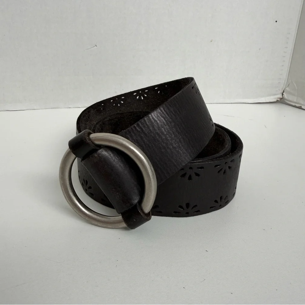 Leather Belt Metal Buckle Flower Cut Out Design Boho Festival Black Silver